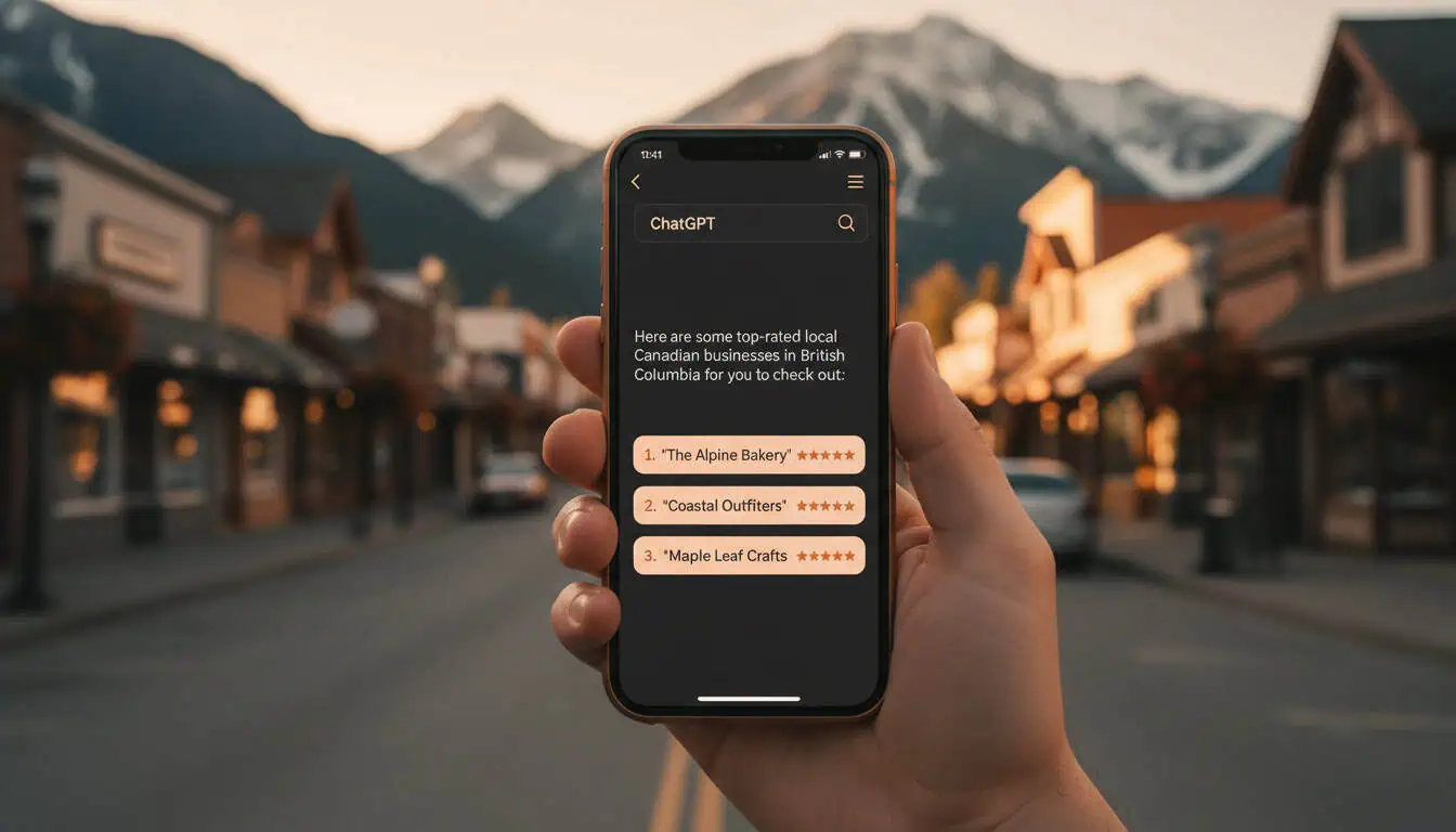 AI chat mockup recommending a local Canadian business based on reviews, services, and trusted listings