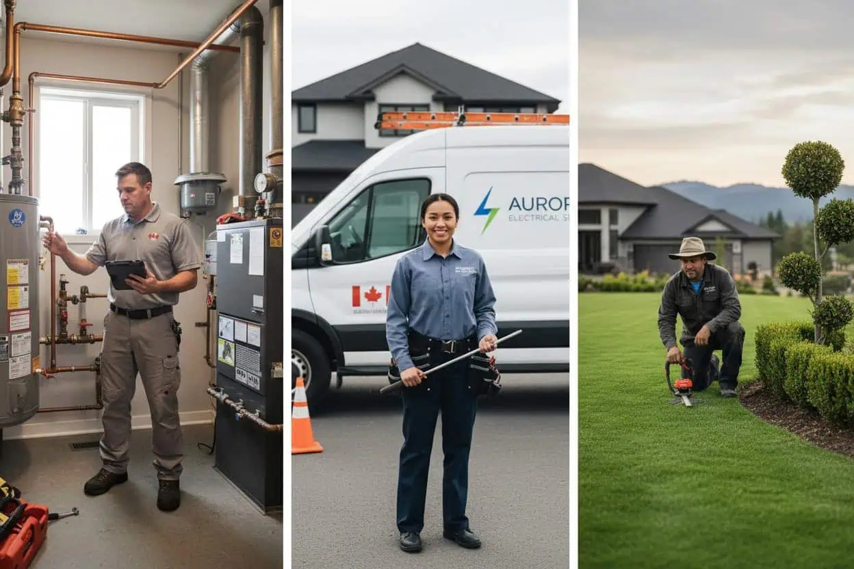 Canadian trades professionals: a plumber, an electrician, and a landscaper at work