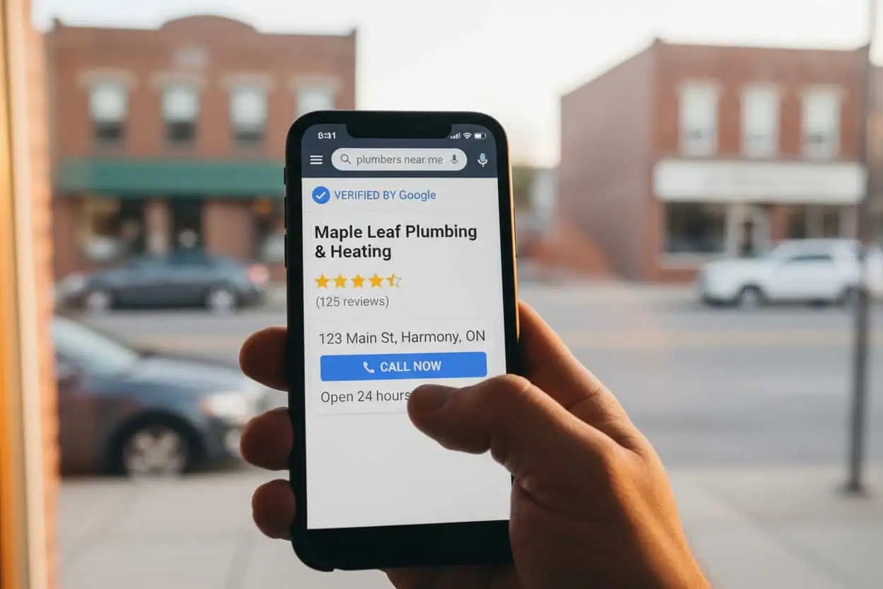 Smartphone showing a Google search result with a verified local business listing at the top