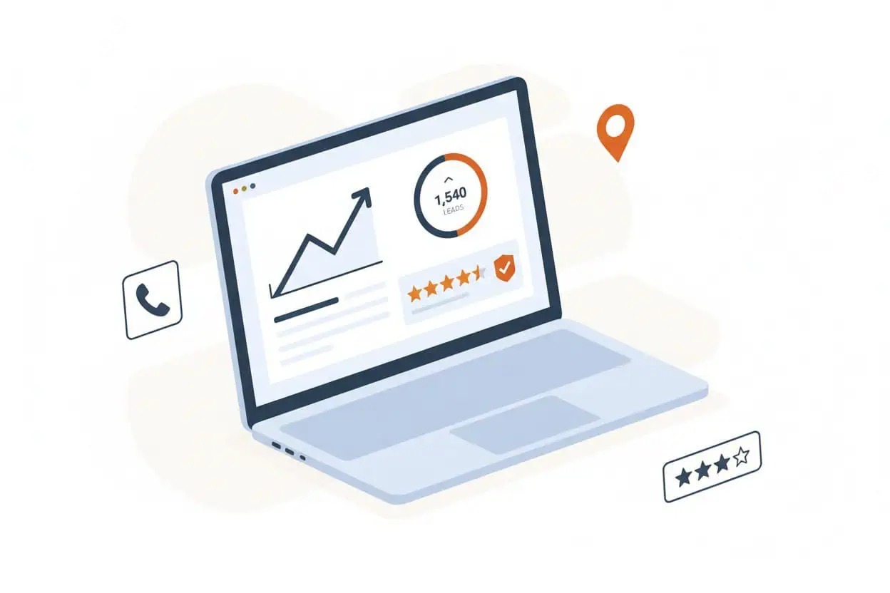 Illustration of a Local Services Ads dashboard showing leads, reviews, and verification badge