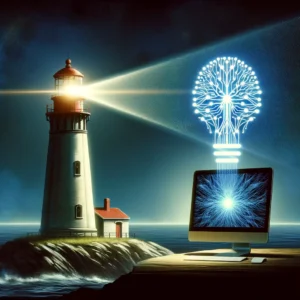 lighthouse shining on a computer with a lightbulb above it